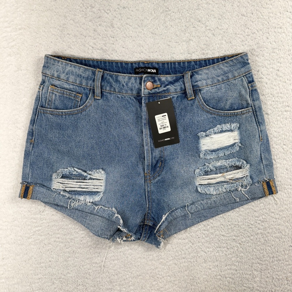 Fashion Nova Women Blue Cotton Sz 11 (W31.5) Cant Cuff me Denim Jeans Shorts NWT